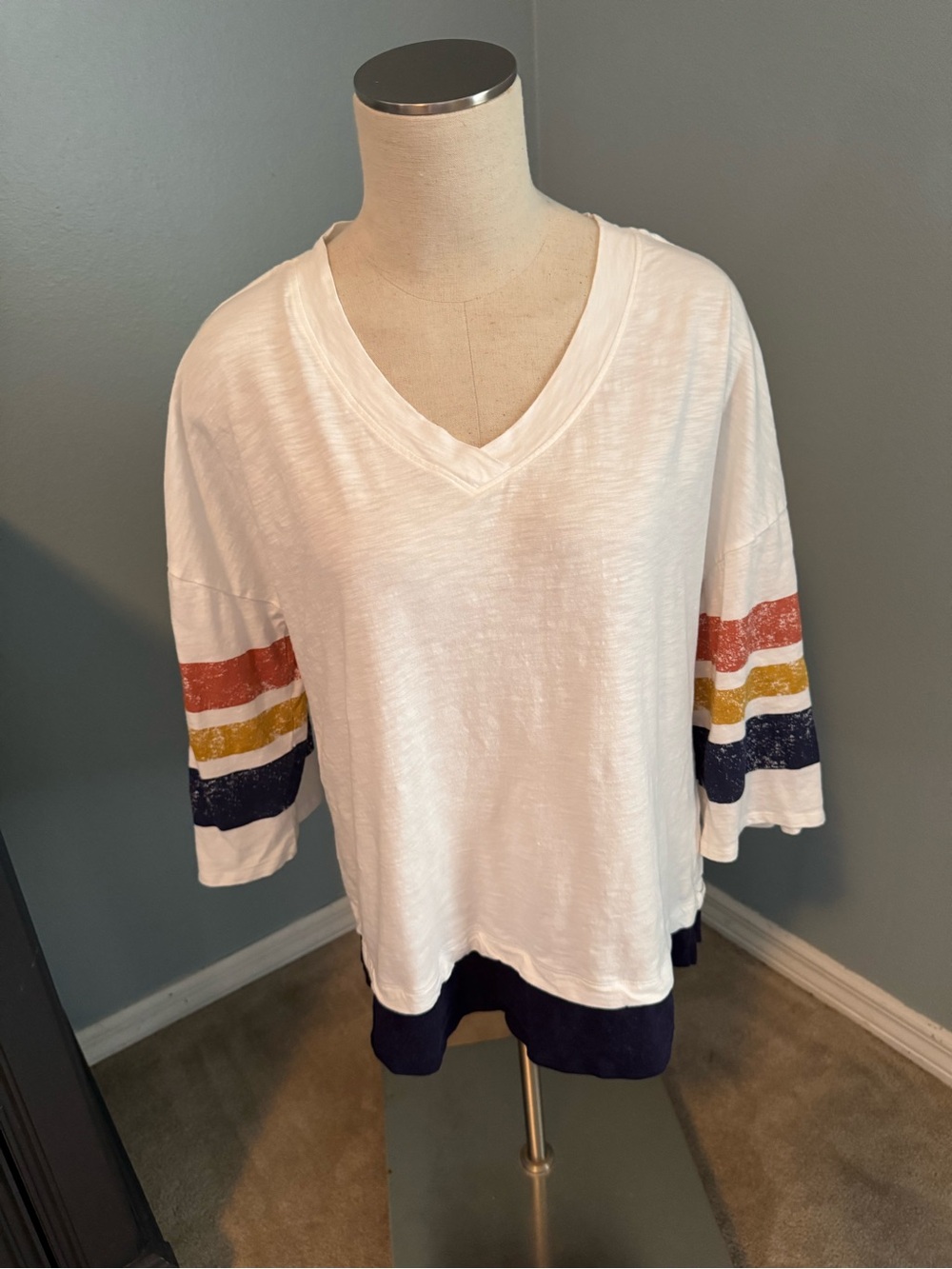 Democracy White V-Neck Short Sleeve Top with Rust, Mustard & Navy Stripes